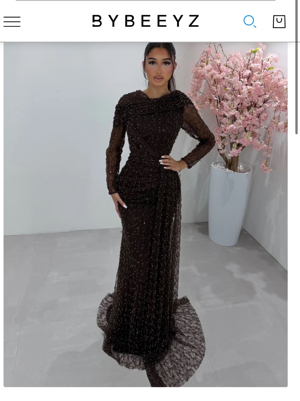 Beaded Long Sleeve Evening Gown - Dark Brown